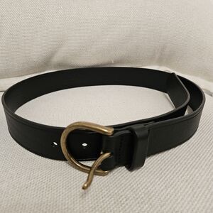 Women's Black Leather Belt with Gold Hammered Ring Buckle - Small